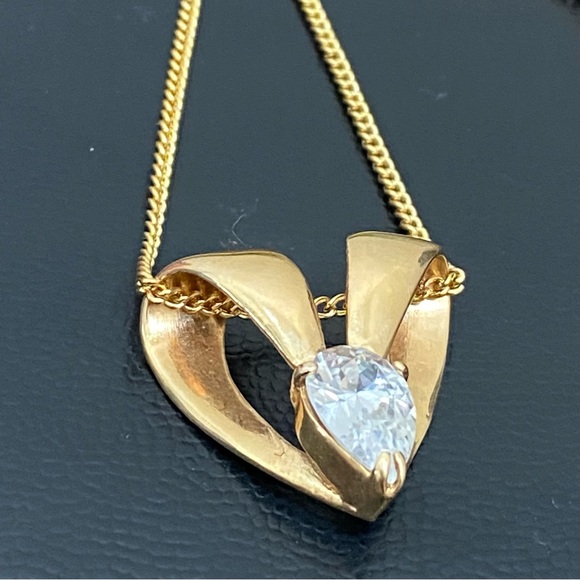 Vintage Unsigned Gold-Plated Heart Slider Pendant Teardrop Clear CZ 16” Necklace - Picture 8 of 15